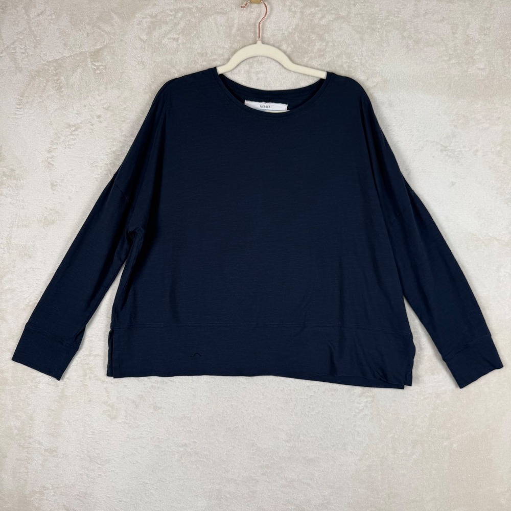 MERSEA Navy Oversized Pullover Red Heart Elbow Patch Coastal Chic Top One Size